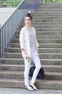 White shirt cream cardigan, Slim-fit pants: Slim-Fit Pants,  shirts,  Casual Outfits,  White Denim Outfits,  Cardigan,  Cardigan Jeans  