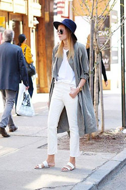 White slides white jeans, Slim-fit pants: Slim-Fit Pants,  Casual Outfits,  Long Cardigan Outfits  