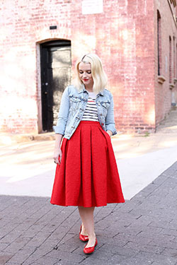 Europe type fashionable ootd red skirt, Polka dot: Denim Outfits,  Ballet flat  