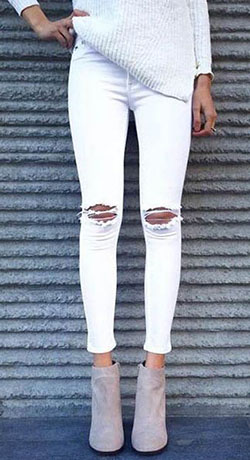 Research more on white ripped jeans: Ripped Jeans,  High-Heeled Shoe,  Slim-Fit Pants,  Boot Outfits,  Casual Outfits,  White Denim Outfits  