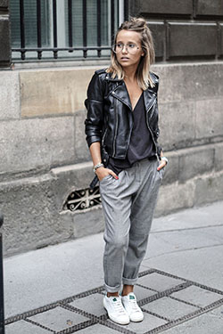 Casual jogger pants outfit, Casual wear: Leather jacket,  Casual Outfits,  Joggers Outfit  