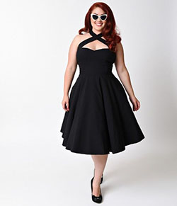 Unique Vintage Plus Size 1950s Style Black Criss Cross Halter Flare Rita Dress Beautiful Cocktail Outfit For Plus-Size Girls: Plus size outfit,  Cocktail Outfits Summer,  Cocktail Party Outfits,  Cocktail Dresses,  Plus Size Cocktail Attire,  Plus Size Party Outfits  