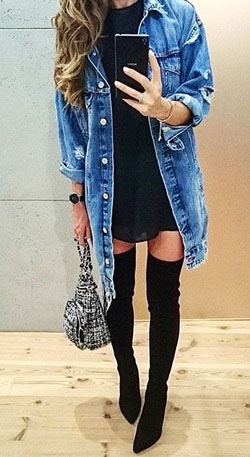 Long denim jacket outfit, Jean jacket: Jean jacket,  Over-The-Knee Boot,  Boot Outfits,  Boxy Jacket,  Casual Outfits,  Denim jacket  
