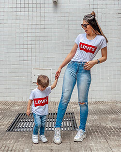 Cute Mom And Daughter Matching Levi's T-Shirt: Street Style Plaid Blazer,  Trendy Plaid Blazer,  Mom And Daughter Matching Clothes,  Mommy And Me Outfits,  Mommy And Daughter Dresses,  Printed T-Shirt  