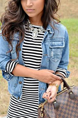 Lovely ideas! striped dress outfits, Jean jacket: Denim Outfits,  Jean jacket,  Casual Outfits  