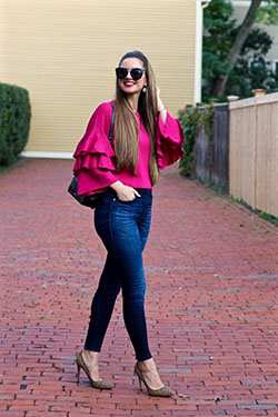 Outfit blusa fucsia y jeans: Navy blue,  Bell Sleeve Tops Outfit  