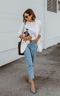 Nice ideas for checkered heels outfit, Mom jeans: High-Heeled Shoe,  Mom jeans,  Kitten heel,  Blazer Outfit,  Casual Outfits  