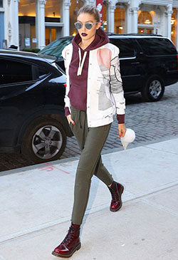 Burgundy and olive green outfits: Flight jacket,  Joggers Outfit,  Burgundy Boots  