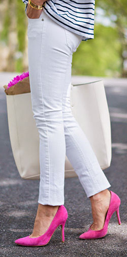 Hot pink shoes outfit, High-heeled shoe: High-Heeled Shoe,  White Denim Outfits  