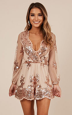 Fashionable Glitter Party Attire For Ladies Big Baller Playsuit In Rose Gold Sequin Produced By SHOWPO: Trendy Sequin Dresses,  party outfits,  Stylish Party Outfits,  Glam Outfits,  Sequin For Clubbing,  Sequin Outfits  