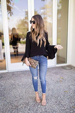 Black blouse outfit ideas, Casual wear: Casual Outfits,  Bell Sleeve Tops Outfit  