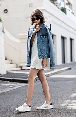 Denim jacket dress sneakers outfit: Jean jacket,  Casual Outfits,  Denim jacket  