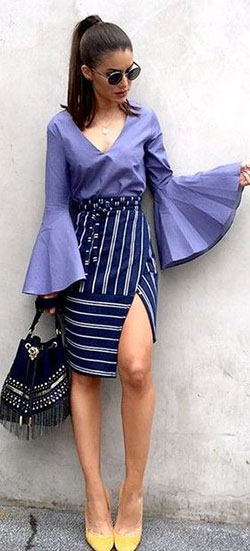 Bell sleeve top with skirt: Crop top,  Bell sleeve,  Stripe Skirt,  Bell Sleeve Tops Outfit,  Wrap Skirt  