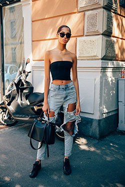 Ripped Jeans Black Tube Top Outfits: Tube top,  Fashion week,  Street Style,  Casual Outfits,  Tube Tops Outfit  