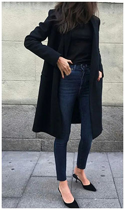 Black coat casual outfit, Casual wear: winter outfits,  Slim-Fit Pants,  Minimalist Fashion,  Spring Outfits,  Street Style,  Casual Outfits,  Wool Coat  