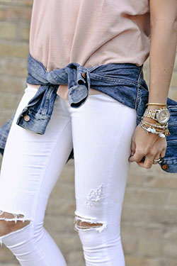 Outfits With White Denim, Jean jacket, Slim-fit pants: Ripped Jeans,  Slim-Fit Pants,  Street Style,  White Denim Outfits  