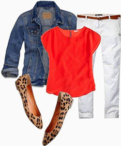 Outfits orange white jeans, Jean jacket: Casual Outfits,  Jeans Fashion,  Ballet flat,  Capri pants  