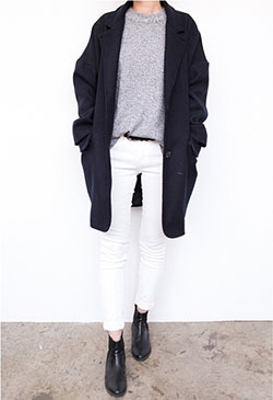 Outfits With White Denim, Polo coat, Washed-out Jeans: Minimalist Fashion,  White Denim Outfits  