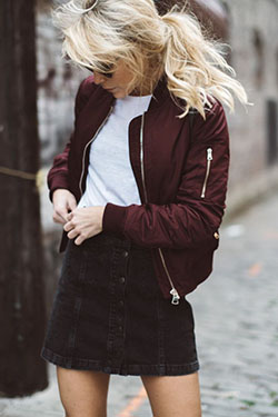 Cute choice for outfits bomber jackets, MA-1 bomber jacket: Denim skirt,  Leather jacket,  Pencil skirt,  Skirt Outfits,  Flight jacket,  bomber jacket  
