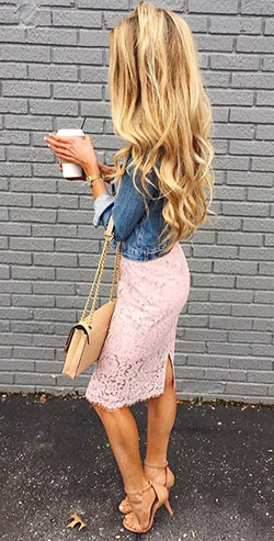 Oink dress with jean jacket: Denim Outfits,  Crop top,  High-Heeled Shoe,  Jean jacket,  Pencil skirt,  Fashion accessory  