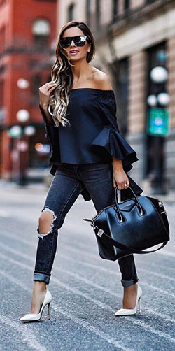 stylish women Bell Sleeve Dress: Ripped Jeans,  Casual Outfits,  Bell Sleeve Tops Outfit  
