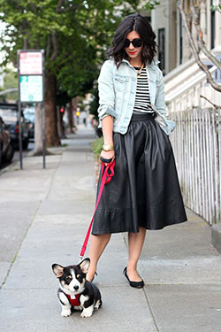 Camiseta saia midi listras, High-heeled shoe: Denim Outfits,  Crop top,  High-Heeled Shoe,  Polo neck,  Saia Midi  