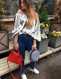 Off Shoulder Glossy Blouse | Date Outfits Ideas: Outfit Ideas,  Casual Outfits,  First Date,  Glossy,  Blouse,  Off Shoulder  