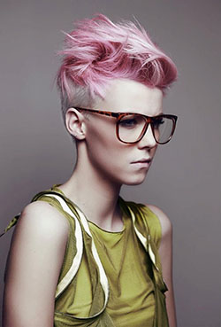 Short pink pixie haircut, Pixie cut: Hair Color Ideas,  Short hair,  Pixie cut,  Mohawk hairstyle,  Red hair,  pink hair,  Nerdy Glasses  