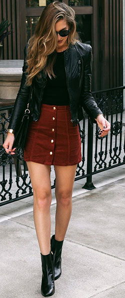 Black top and burgundy skirt: Leather jacket,  Skirt Outfits,  Casual Outfits  