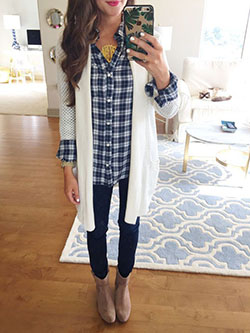 Plaid shirt with cardigan, Dress shirt: Slim-Fit Pants,  shirts,  Casual Outfits,  Long Cardigan Outfits,  Cardigan,  Plaid Shirt,  Lumberjack shirt,  Cardigan Jeans  