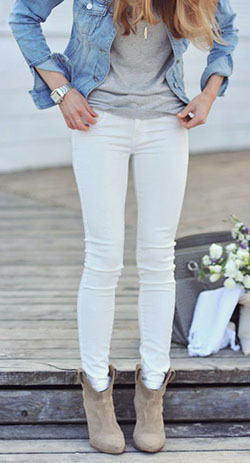 White pants with ankle boots: Slim-Fit Pants,  Boot Outfits,  Jeans Fashion,  White Denim Outfits  