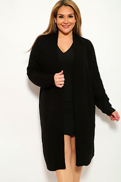 Black Knitted Long Sleeve Plus Size Cardigan Outfit: 