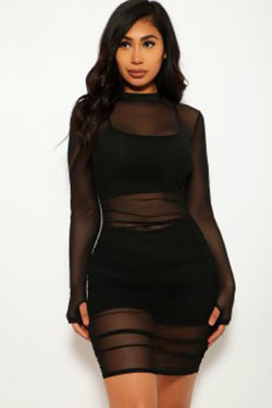 Black Mesh Long Sleeve Party Dress: 