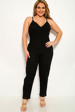 Black V-Cut Plus Size Jumpsuit Outfit: 