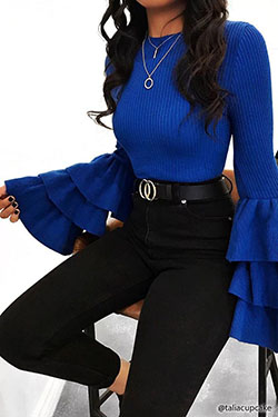 Ribbed trumpet sleeve sweater, Bell sleeve: Crew neck,  Polo neck,  Bell sleeve,  Trendy Outfits  