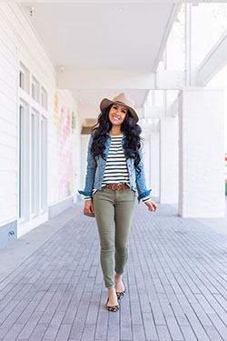 Green pants outfit with jean jacket: Denim Outfits,  Jean jacket,  Slim-Fit Pants,  Petite size,  Casual Outfits  