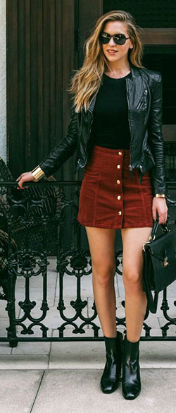 Leather jacket and skirt outfits: Leather jacket,  Skirt Outfits,  Casual Outfits  