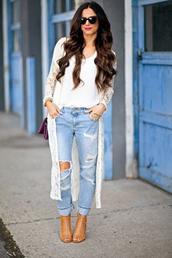 Summer outfit ideas with jeans: Ripped Jeans,  Denim skirt,  Casual Outfits,  Long Cardigan Outfits  