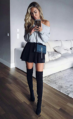 Knee high boots outfit, Knee-high boot: High-Heeled Shoe,  Over-The-Knee Boot,  Boot Outfits,  Knee highs,  Casual Outfits,  Mini Skirt Outfit  