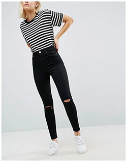 Black ripped knee skinny jeans: Ripped Jeans,  Slim-Fit Pants,  Spring Outfits,  Casual Outfits  