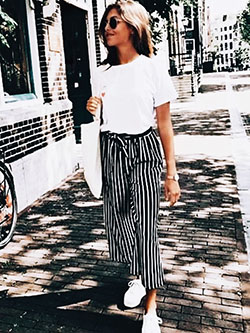 Striped trousers womens outfit, Casual wear: winter outfits,  Smart casual,  Palazzo pants,  Capri pants,  Casual Outfits,  Pant Outfits,  Stripe Trousers  