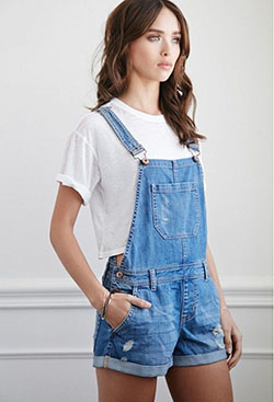 Trendy cute overall outfit with crop top: Romper suit,  Overalls Shorts Outfits,  Vintage clothing,  DENIM OVERALL,  White Top  