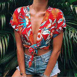 Floral Knot Tied Shirt Outfit: Crop top,  Casual Outfits,  Top Outfits  