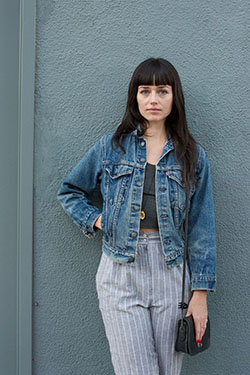 Striped Pant Outfit, Cut-off Denim Shorts, Street fashion: Jean jacket,  Vintage clothing,  Street Style,  Pant Outfits  