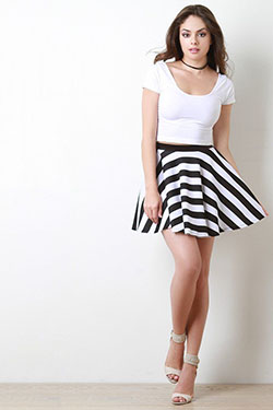 Black and white striped skater skirt: Crop top,  Skater Skirt,  Mini Skirt Outfit,  Short Skirts,  Mini Skirt,  Twirl Skirt,  Check Skirt,  Stripe Skirt  