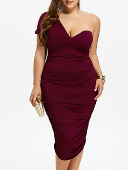 Plus Size Ruched One Shoulder Bodycon Dress in Wine Red | Sa... Beautiful Cocktail Dress For Plus Size Women: Off Shoulder  