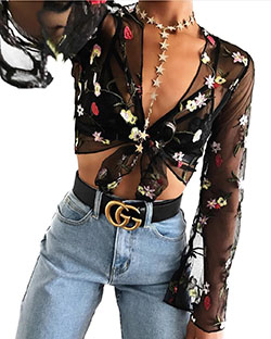 Tie Front Shirt Outfits, See-through clothing, Bell sleeve: Crop top,  See-Through Clothing,  Casual Outfits,  Top Outfits  