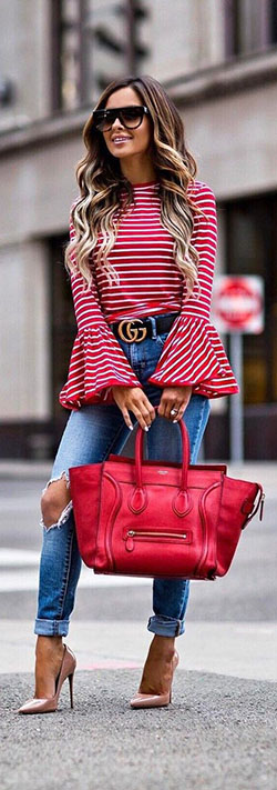 Red striped bell sleeve top: Crop top,  Crew neck,  Bell sleeve,  Bell Sleeve Tops Outfit  