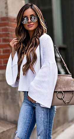 Most desirable outfit for 2019 spring outfits 2018, Slim-fit pants: Crop top,  Slim-Fit Pants,  Bell sleeve,  Street Style,  Casual Outfits,  Bell Sleeve Tops Outfit,  Light Blue Pants Outfits  