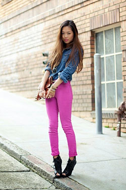 Skinny Pink Jeans Outfit For Teenage: Denim jacket,  Pink Jeans,  Pink Pant,  Pink Outfits Ideas,  Pink Trousers  